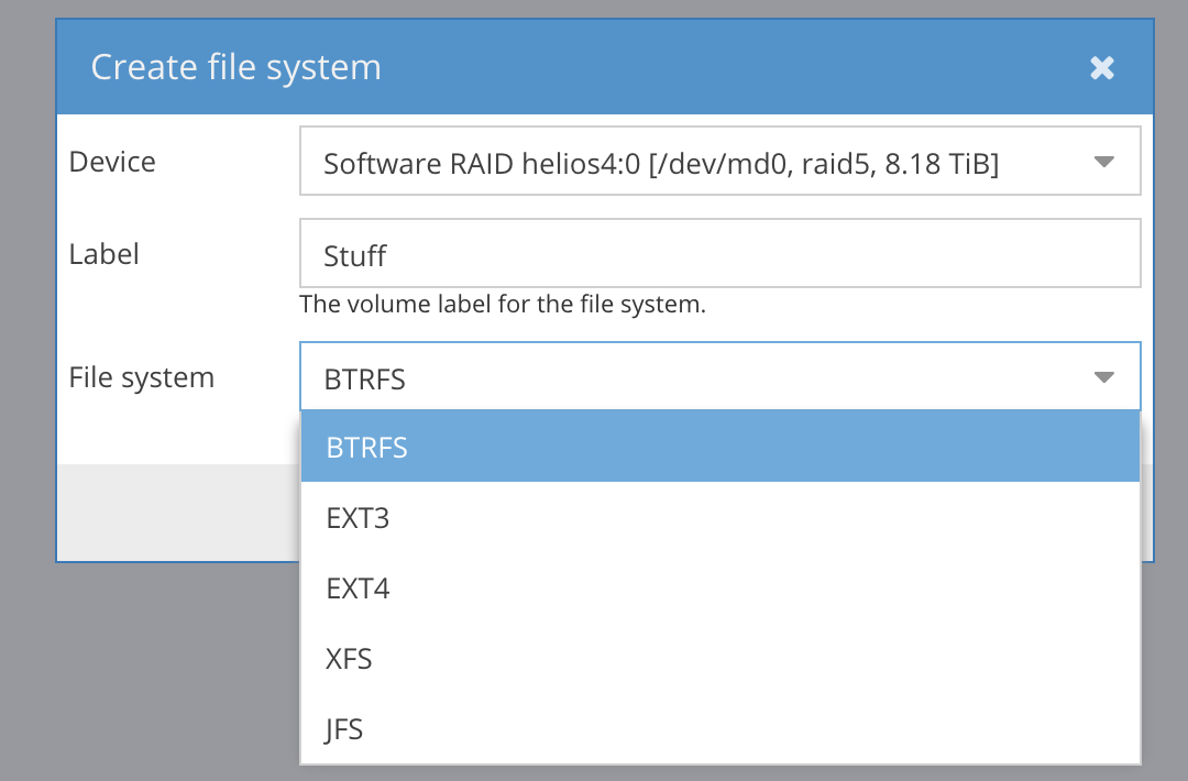 Creating filesystems in Helios 4