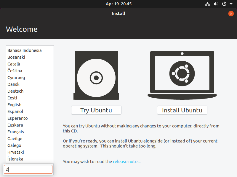 Ubuntu 19.04 Installation Screenshot 1