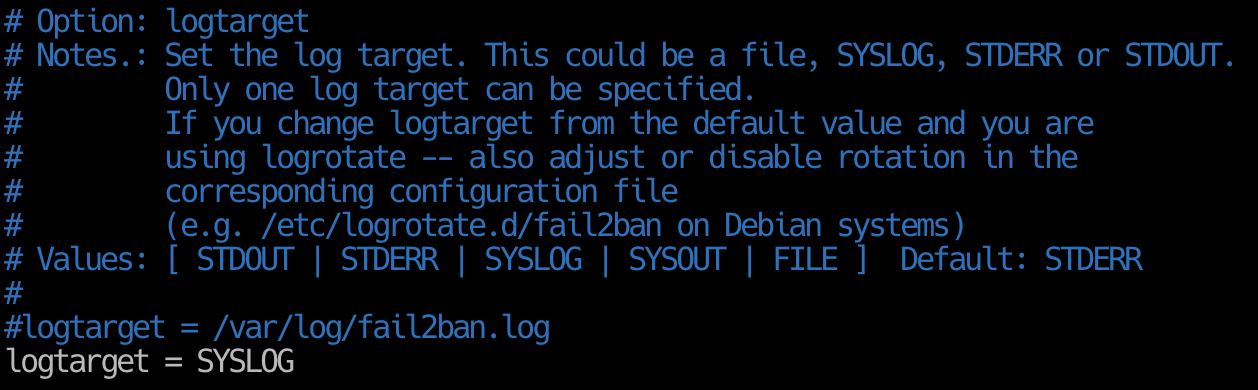 Switching fail2ban log target to SYSLOG