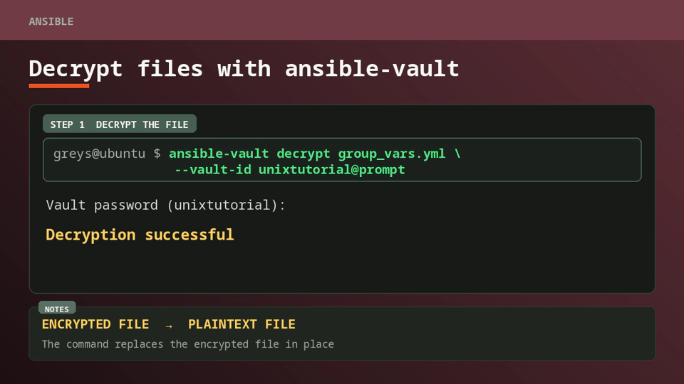 The ansible-vault decrypt command followed by its successful decryption result