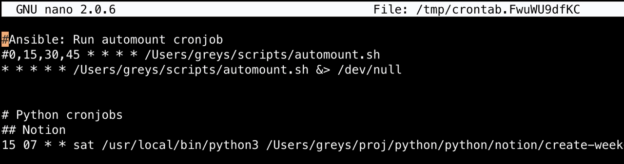 crontab in nano editor on macOS
