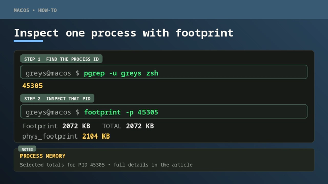 A two-step terminal guide using pgrep to find a PID and footprint to inspect that process