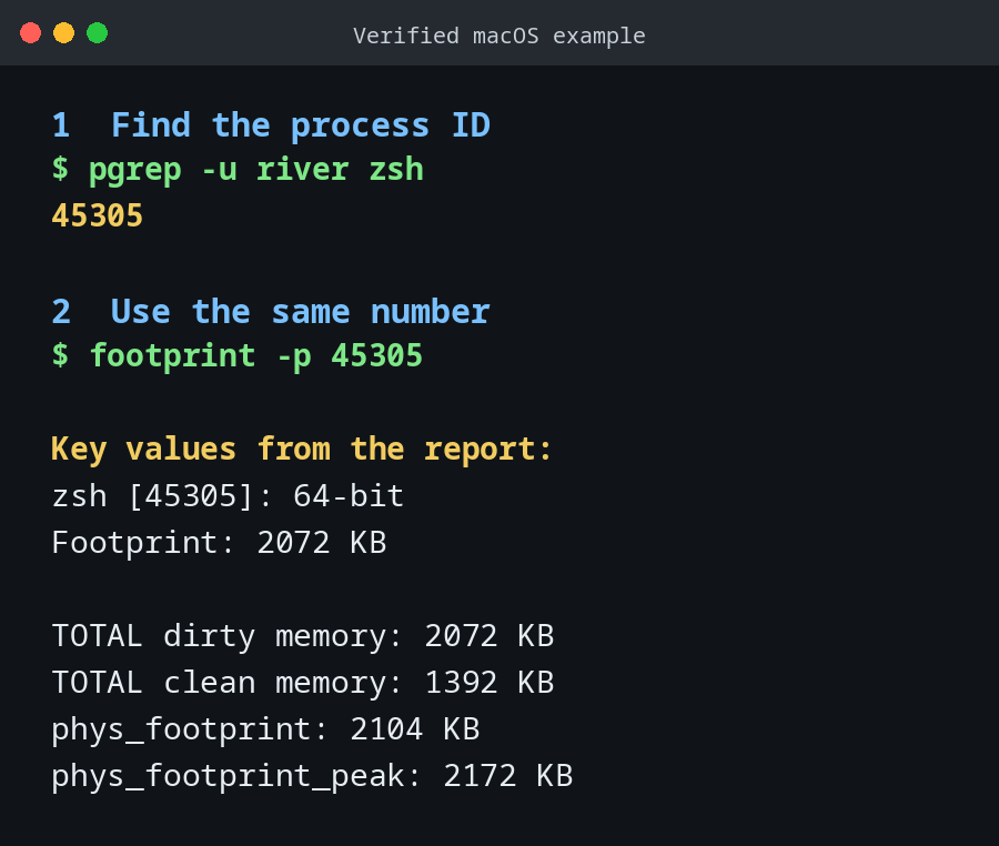 A beginner terminal guide using pgrep to find a PID and footprint to inspect the process