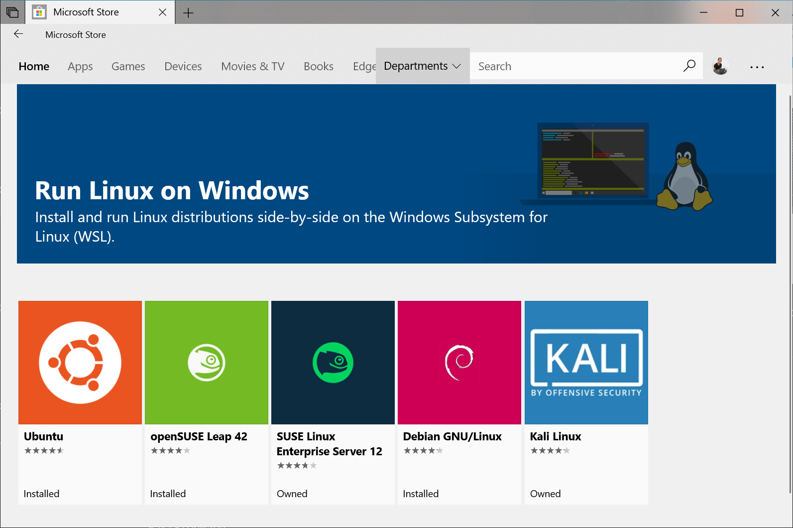 Windows 10 with Linux distributions available for WSL